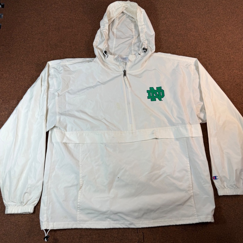 Champion Notre Dame Fighting Irish Windbreaker Mens XL White Half Zip Hood 2445